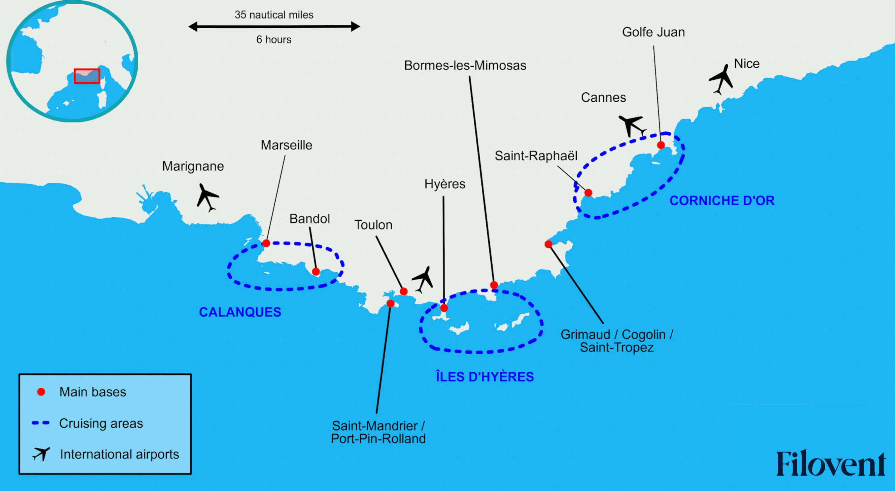 Mappa delle aree di navigazione a vela nel Mediterraneo francese con le principali basi di partenza